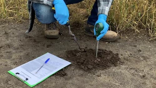 Professional Farmer Measuring Soil Features Using Soil Tester Outdoors