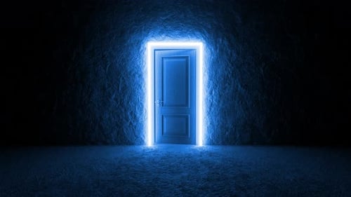 Glowing neon door opening in a dark room