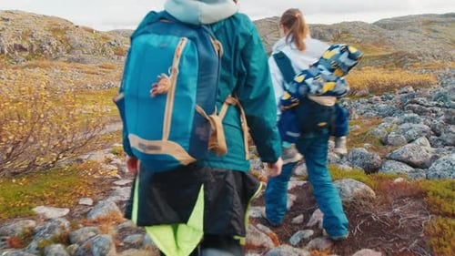 Hikers Walk on the Trail in the Arctic Tundra