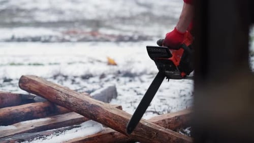 Woodcutter Tool Man Using Power Saw Cut Wood Log