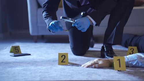 Crime Scene Investigator Examines Evidence with Magnifying Glass