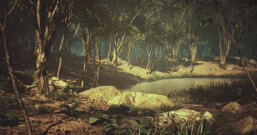 Enchanting Forest Landscape with a Serene Pond and Lush Greenery at Dawn