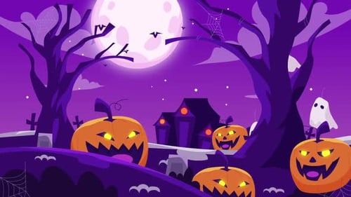 Animated Spooky Halloween Night Scene with Pumpkins and Ghosts