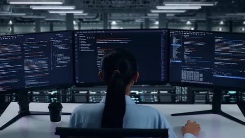 Asiatische Entwicklerin verwendet Computer, um Code mit mehreren Bildschirmen im Rechenzentrum zu schreiben