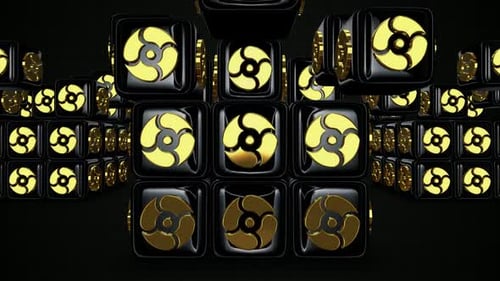 Seamless Loop of 3D Golden Abstract Shapes on Black Cubes