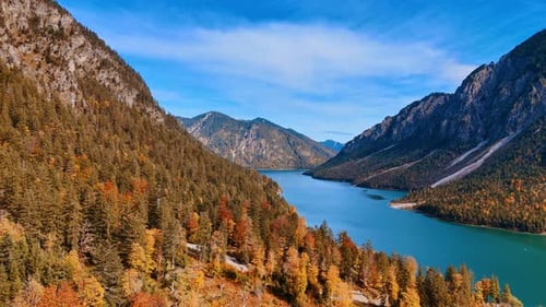 Scenic Mountain Lake and Autumnal Forest Aerial View