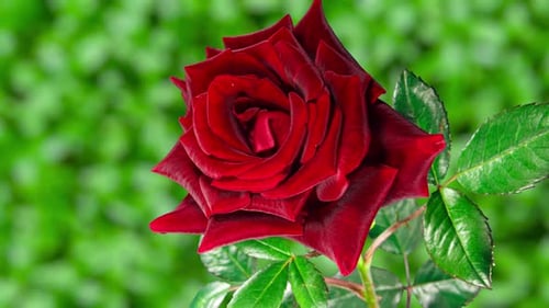 Red Rose Plant Blooming Flower in Time Lapse on a Green Leaves Background. Single One Flower Opens