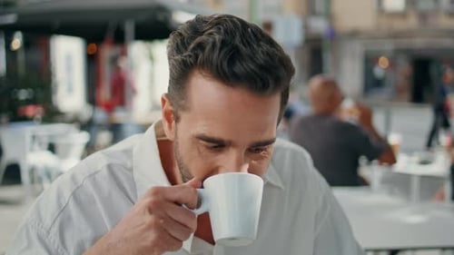 Thoughtful Businessman Drinking Coffee in Cafeteria Closeup Gentleman at Cafe