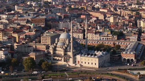 Orbiting Drone Shot Above Yeni Cami Mosque in Istanbul, Turkey. Summer Day