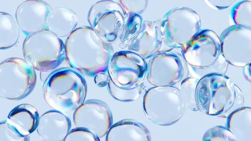 Floating bubbles rising in a soft blue atmosphere, airy and fresh