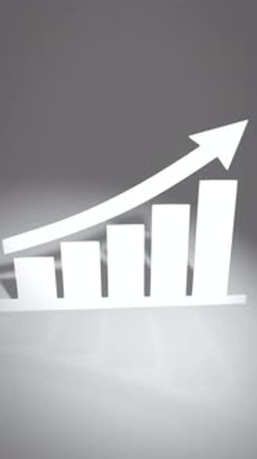 Vertical paper cut 3D infographic showing rising bar chart with upward arrow white cutout elements