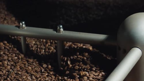 Coffee beans rotating in a roasting machine