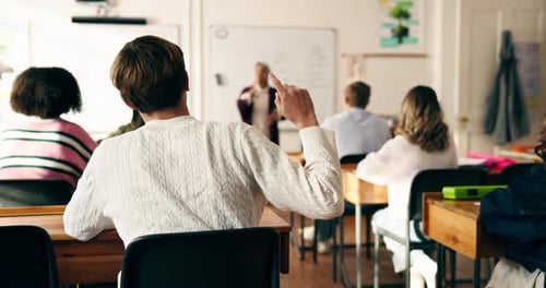 Students raising hands in classroom learning setting