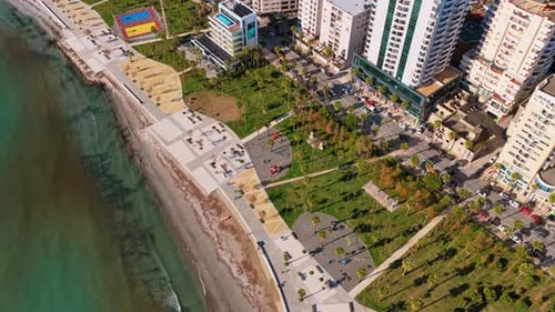 Aerial drone view of the redesigned Lungomare waterfront promenade in Durres, Albania