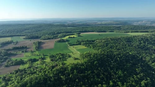 Aerial view of green fields and forest, France.