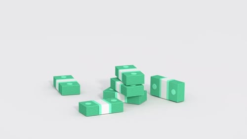 Green uptrend arrow transforms to stack of cash and coins. Minimal cartoon style 3D animation