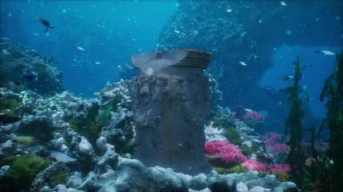 Ruins of Ancient Civilization Encrusted with Algae and Coral on Sea Bottom