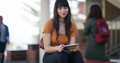Student, woman and tablet on campus, university or college for e learning research
