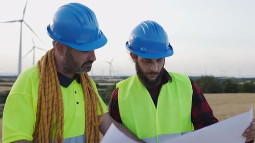 Two Young Maintenance Engineers Team Working in Wind Turbine Farm