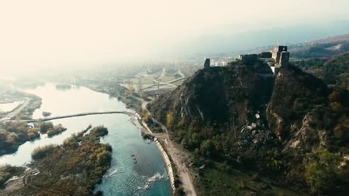 Magnificent Aerial View To Ruins Of Bebristsikhe Castle On A Mountain