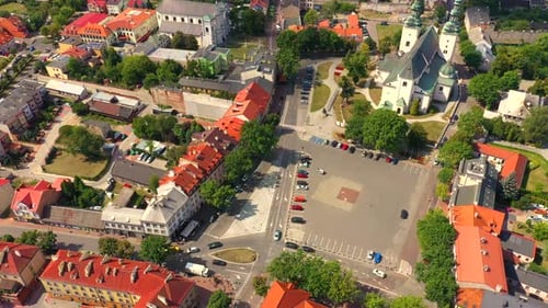 Landscape of the old town from the air with the visible. View on historic buildings on the market. L