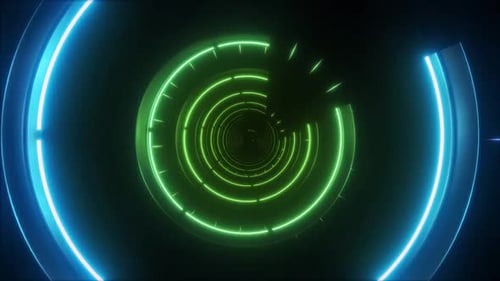 Abstract neon tunnel with glowing green and blue lights, futuristic motion