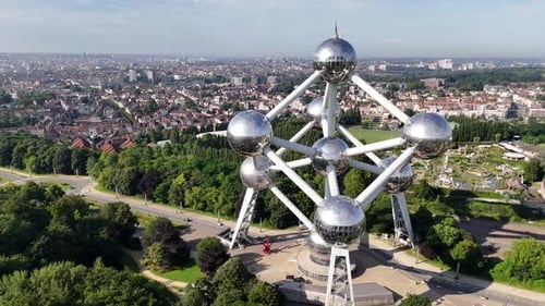 Flight over Atomium, a landmark modernist building in Brussels, Belgium