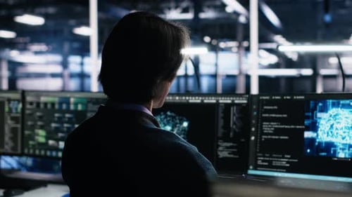 Data Center Engineer Using Computer to Monitor Neural Network AI LLM