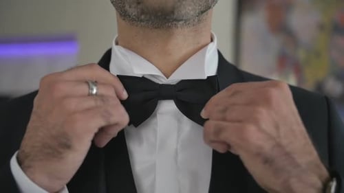 Man straightens bowtie close up slow motion. Well-dressed young man adjusts black bowtie