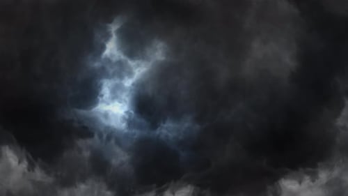 Stormy sky with supercell thunderstorm and lightning bolts.