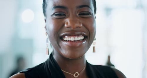 Smile, face and professional with business black woman in office for internal auditor