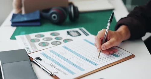 Clipboard, hands and supply chain with person in office for online order logistics