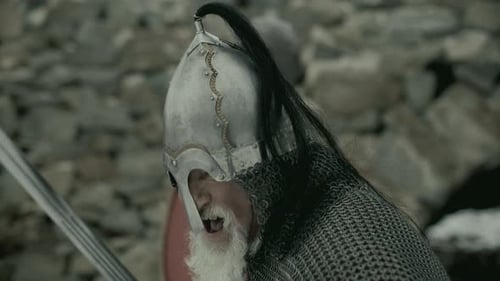 Senior Warrior Yelling Holding Sword and Shield