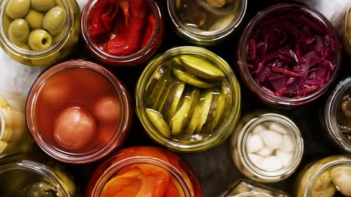 Various Kinds Preserves Vegetables and Mushrooms in Glass Jars