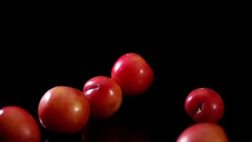 Frische Tomaten in Superzeitlupe auf einem Tablett
