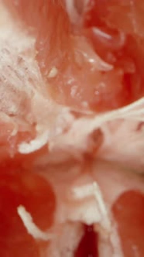 Vertical video. Top View of a Falling and Rotating Grapefruit on a Black Background, Broken into Pie