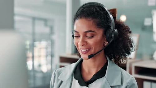 Happy woman, consultant or talking with headset at call center for communication