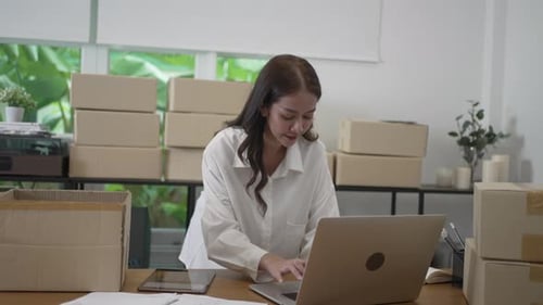 Woman Working At Desk Organizes Shipping Boxes