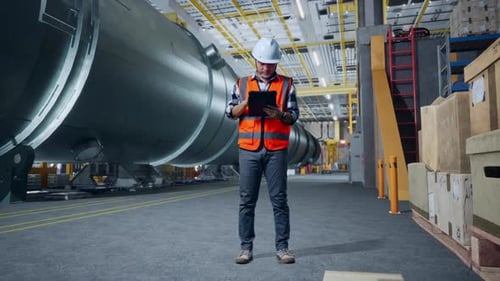 Asian Male Engineer Working On A Tablet In Pipe Manufacturing Factory