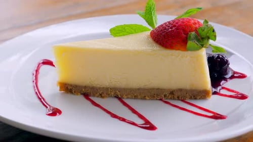 Indulge in a Slice of New York Cheesecake with Berry Sauce and Fresh Strawberry