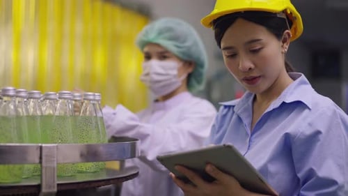 Un directeur d'usine tient une bouteille de jus de fruits pour contrôler la qualité d'une boisson