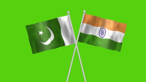 Crossed Pakistan and India National Flags Waving on Green Screen