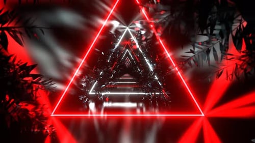Tunnel triangulaire au néon blanc et rouge avec fond de branches d'arbres Vj Loop en 4K