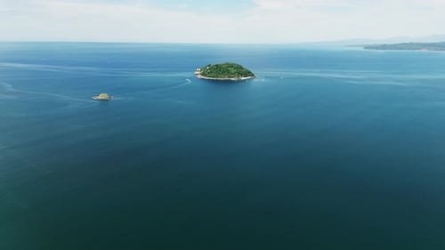 Drone Approaches Coral Island In Guayabitos, Nayarit. Mexico