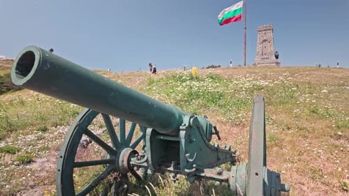 Tourist couple visit historical Bulgarian battlefield Shipka Pass