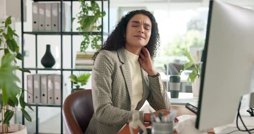 Frustrated, business woman and stress with neck pain for burnout, fatigue or overworked at office