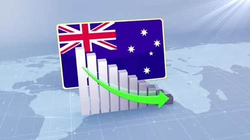 Australia Flag With Decrease Bar Chart Graph And Arrow Green
