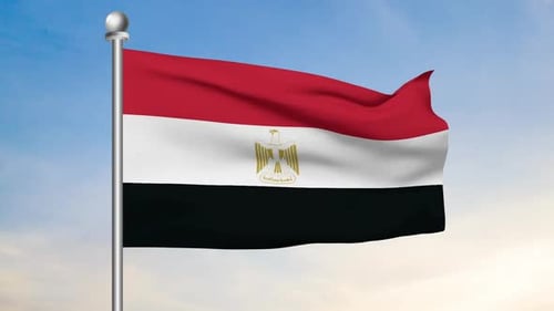 Egyptian Flag Waving on Flagpole with Blue Sky Background