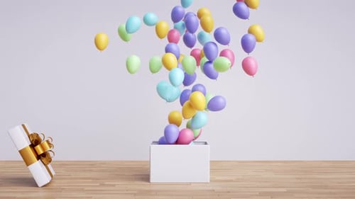 Animated Gift Box Opening with Colorful Flying Balloons