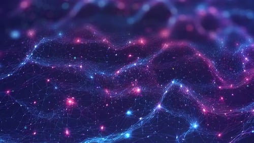 Plano de fundo cibernético ou tecnológico com malha abstrata, partículas de ondas cintilantes e pontos vermelhos brilhantes